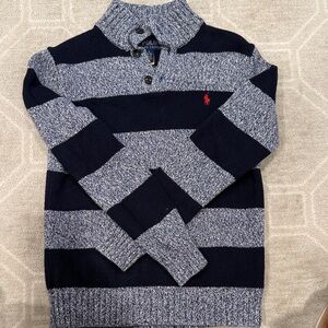 Polo by Ralph Lauren Men's Blue and Gray Striped Crewneck Sweater